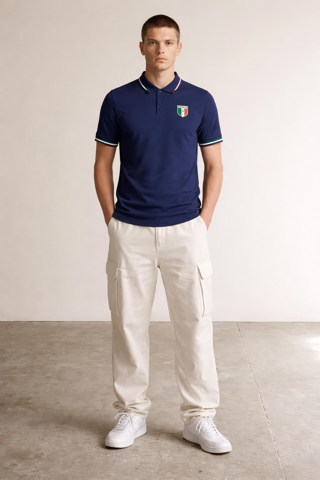 Full body view of the model wearing Italia Azzurri Polo Shirt