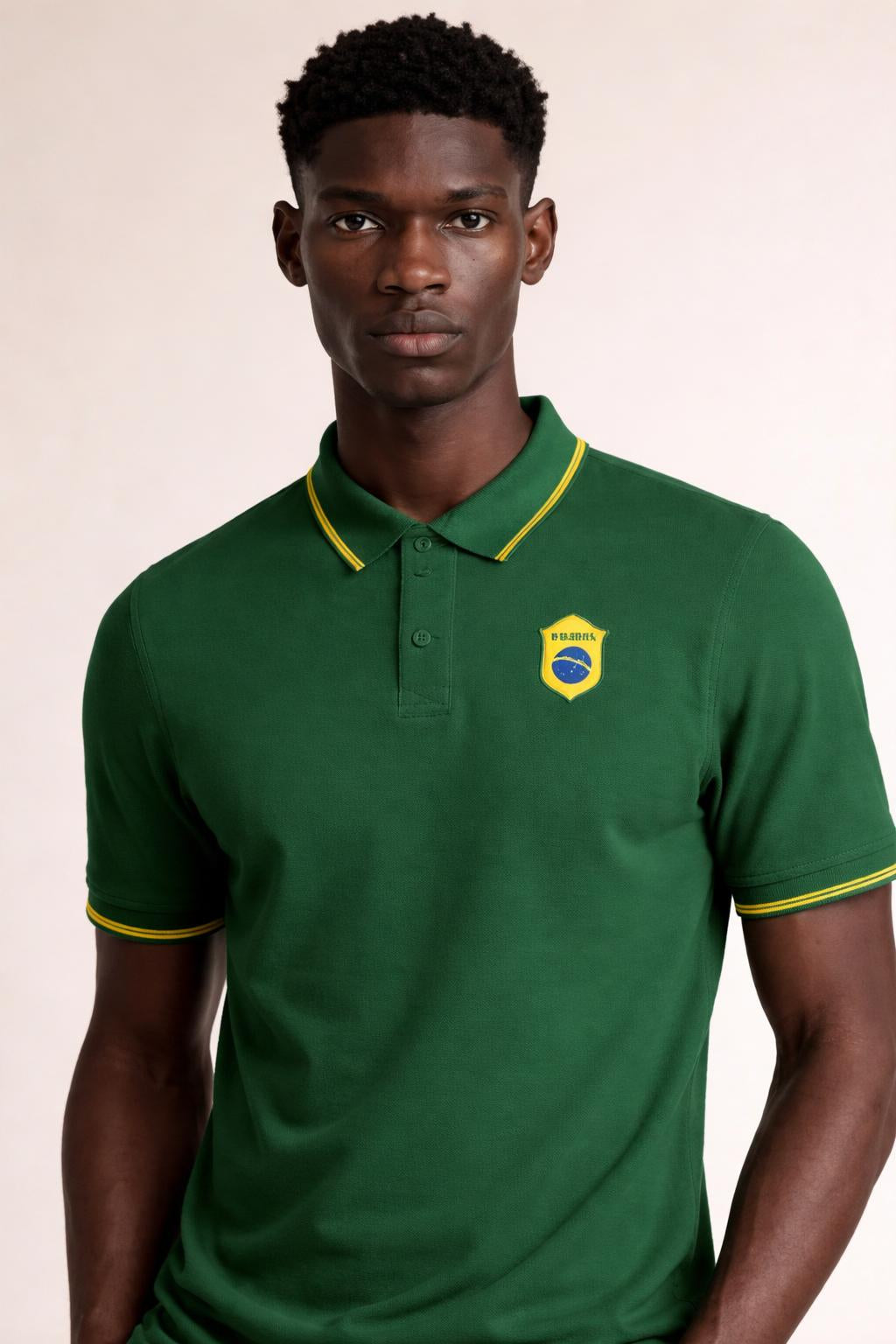 Close-up of the model wearing Brazil Green Polo Shirt