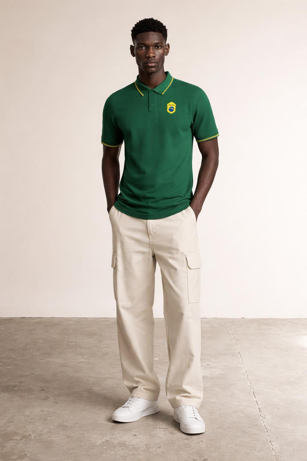Full body view of the model wearing Brazil Green Polo Shirt